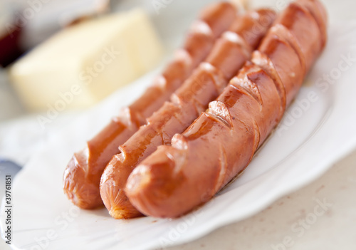 frankfurter sausage hot dog food at plate