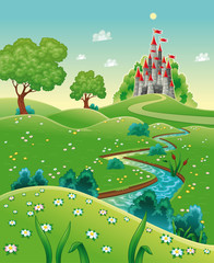 Keuken achterwand Kasteel Cartoonpanorama met kasteel en rivier  © ddraw
