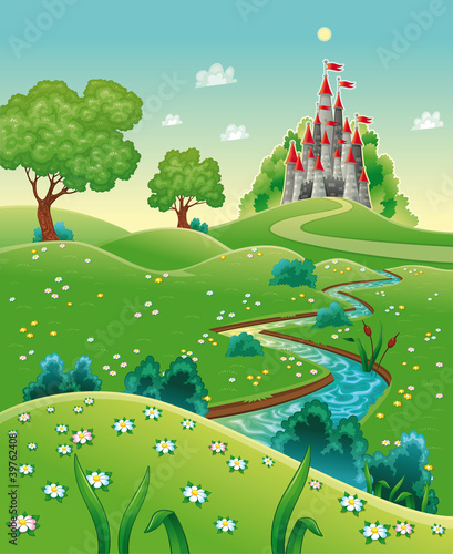 Peel and stick wall murals Panorama with castle. Cartoon and vector  illustration. 