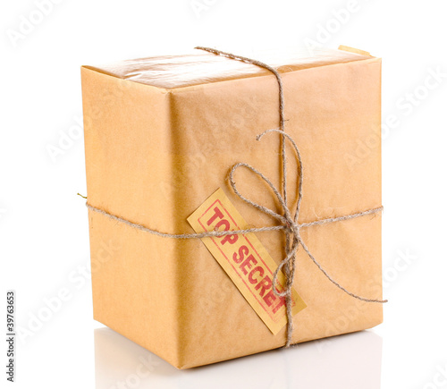 Parcel with top secret stamp isolated on white