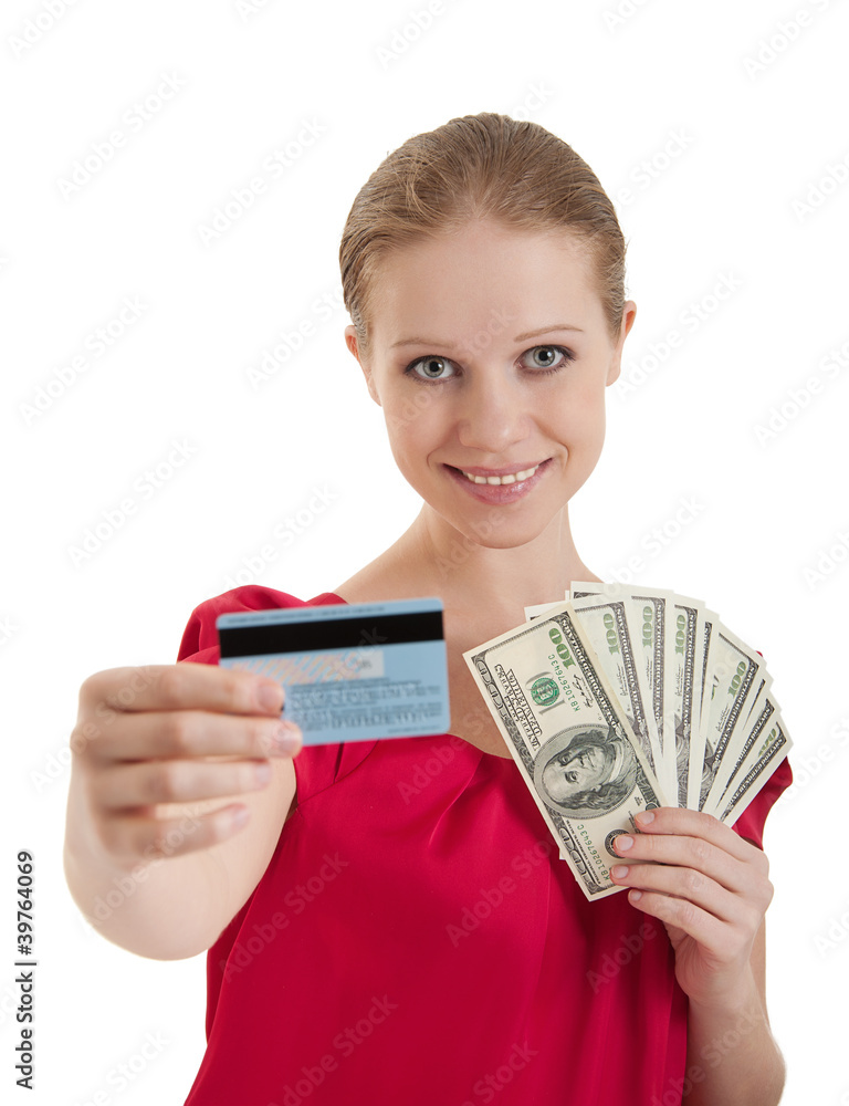 beautiful young woman chooses between a credit card, cash money, beautiful young woman chooses between a credit card, cash money,