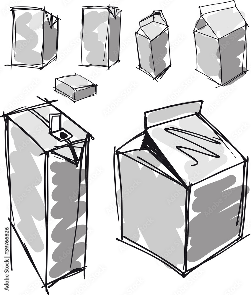 Sketch of milk boxes in some different angle. Vector - obrazy, fototapety, plakaty 