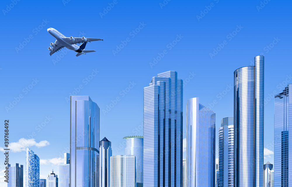 modern skyline with plane modern skyline with plane