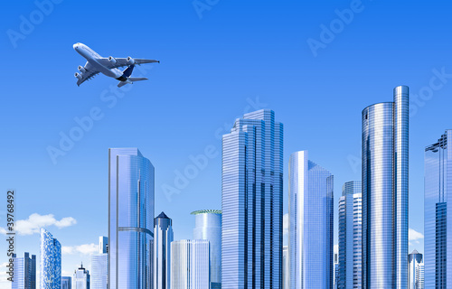 modern skyline with plane