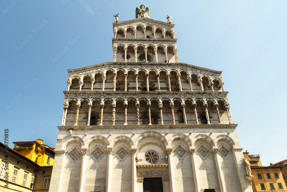 Facade of St Michele in Foro Church in Lucca in Tuscany Italy