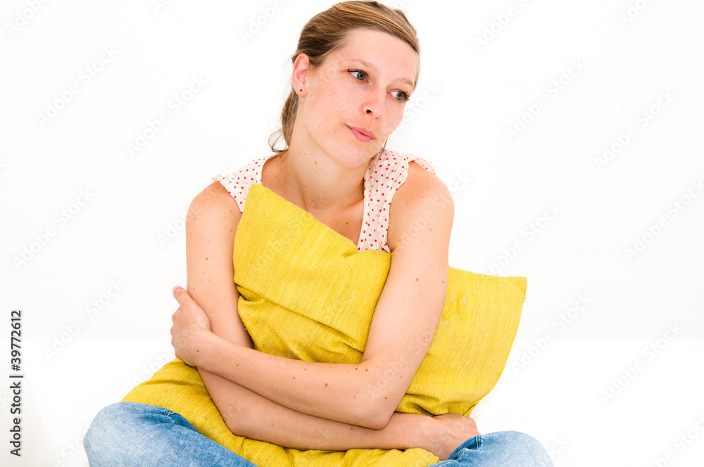 woman with green pillow