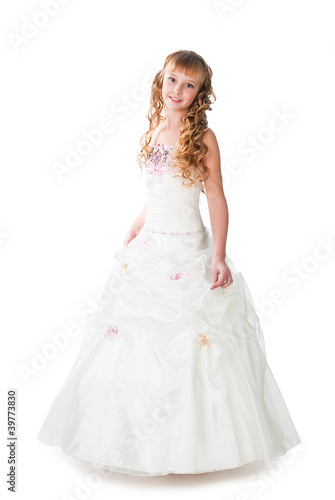 majestic young girl wearing light gown dancing isolated over whi