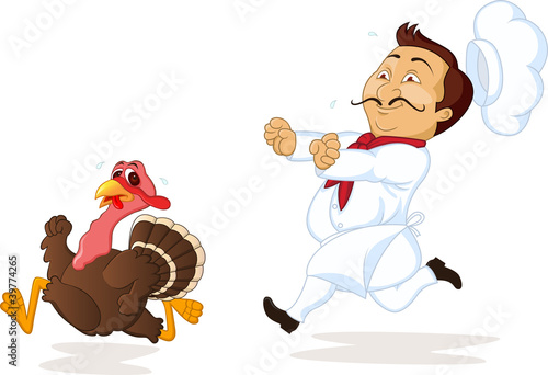 Chef running, trying to catch turkey