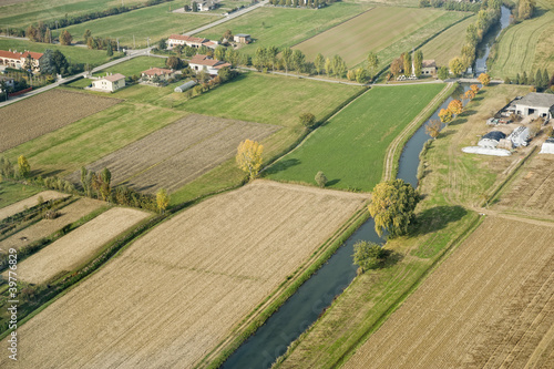Aerial view of cultivated fields in Pianura Padana, Italy