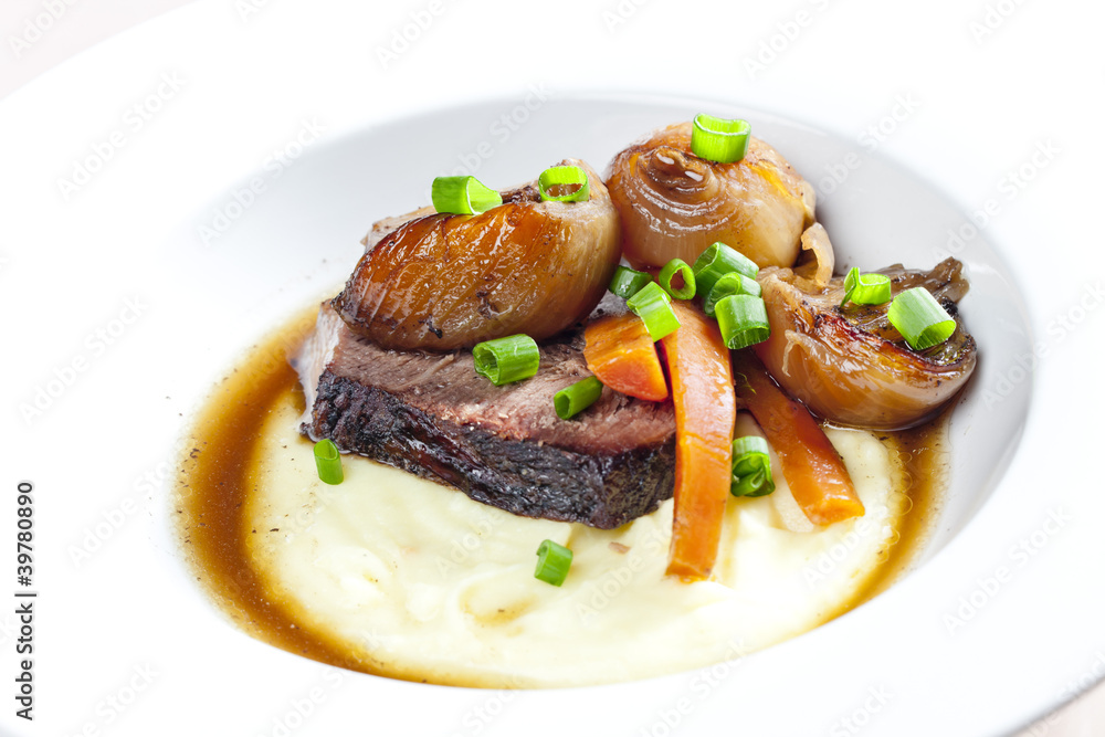 beef stew with carrot and mashed potatoes
