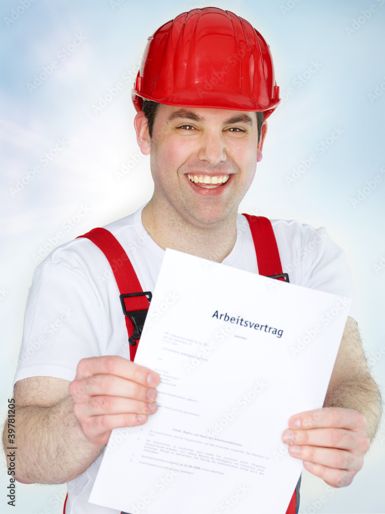 Young worker is proud about his employment agreement