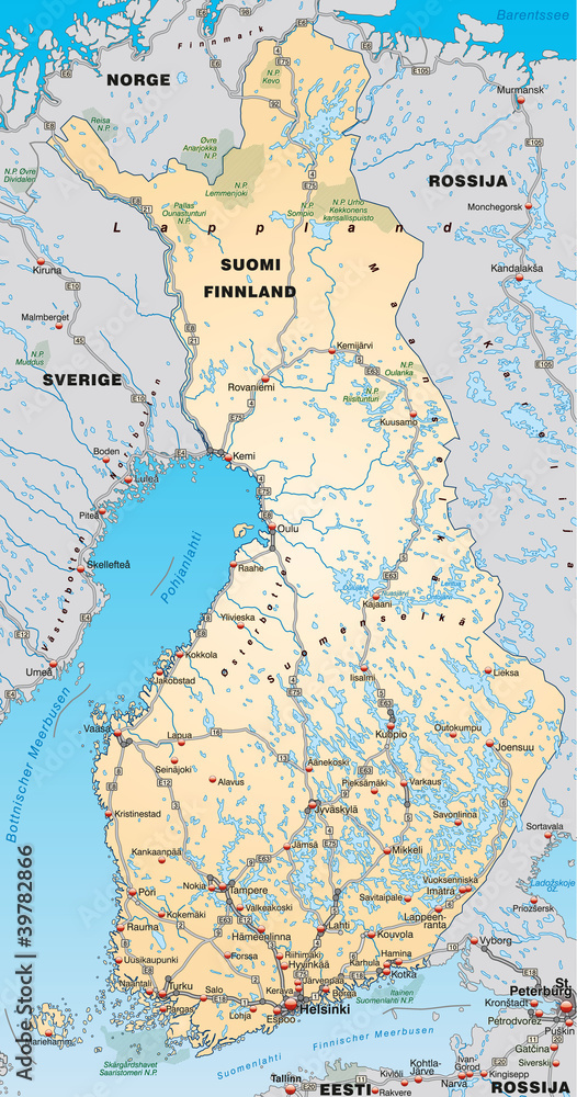 Landkarte von Finnland mit Autobahnen