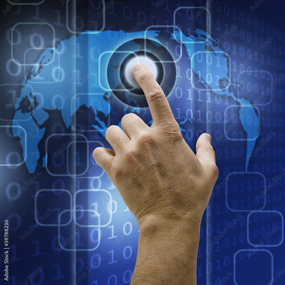 hand pushing a button on a touch screen interface hand pushing a button on a touch screen interface