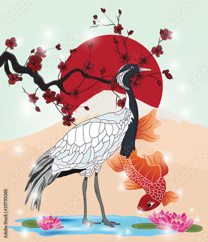 oriental picture with crane and koi