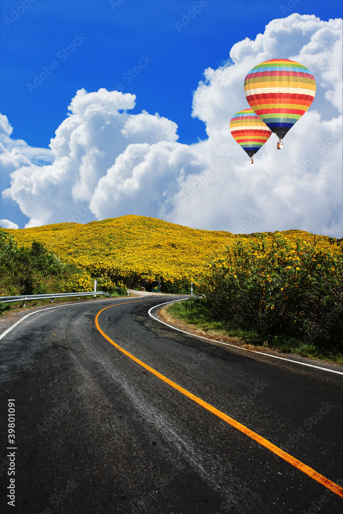 hot air balloons over road to mt. StockFoto Adobe Stock