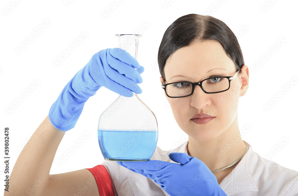 Woman conducting a chemical experiment over white Woman conducting a chemical experiment over white