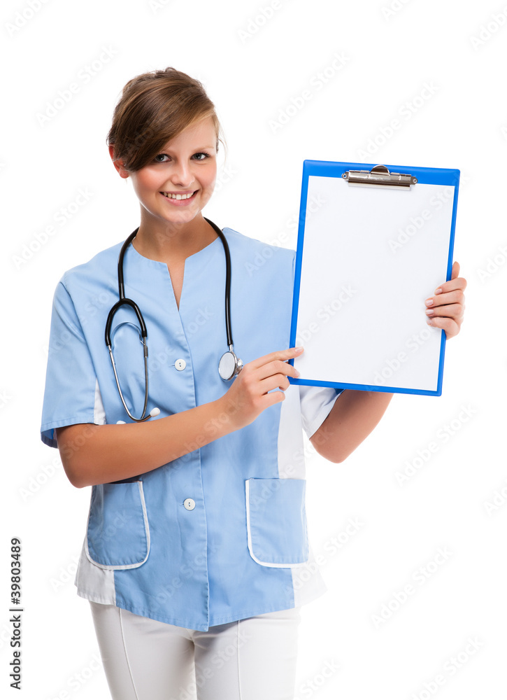Successful young female doctor standing isolated on white Successful young female doctor standing isolated on white