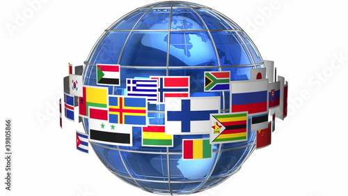 Rotating Earth globe with world flags