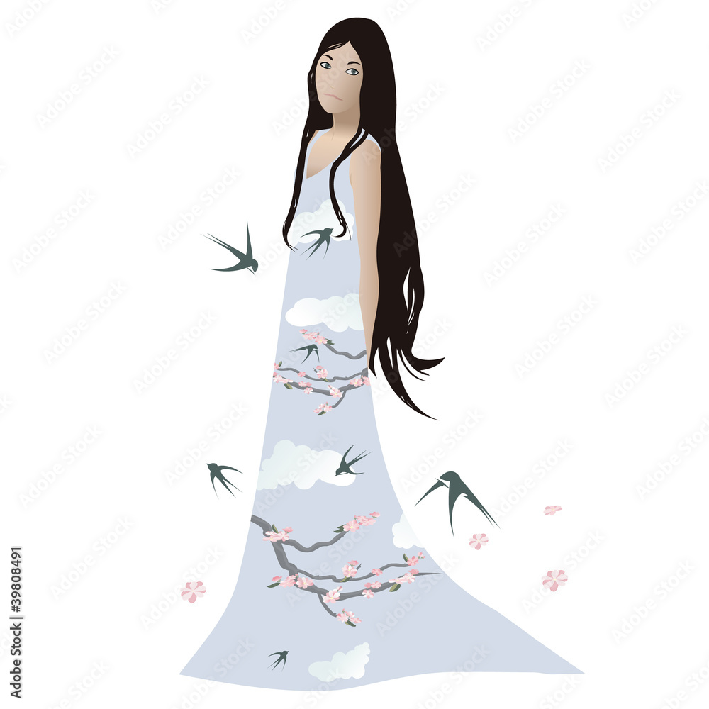 Fototapeta premium Female figure in lovely dress, with spring birds and flowers.