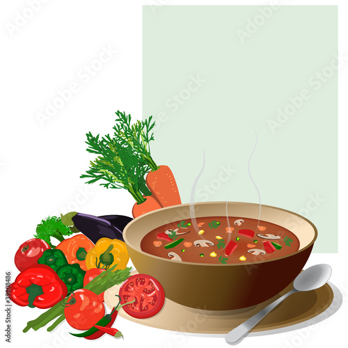 Soup, with colorful vegetables around and a note for text