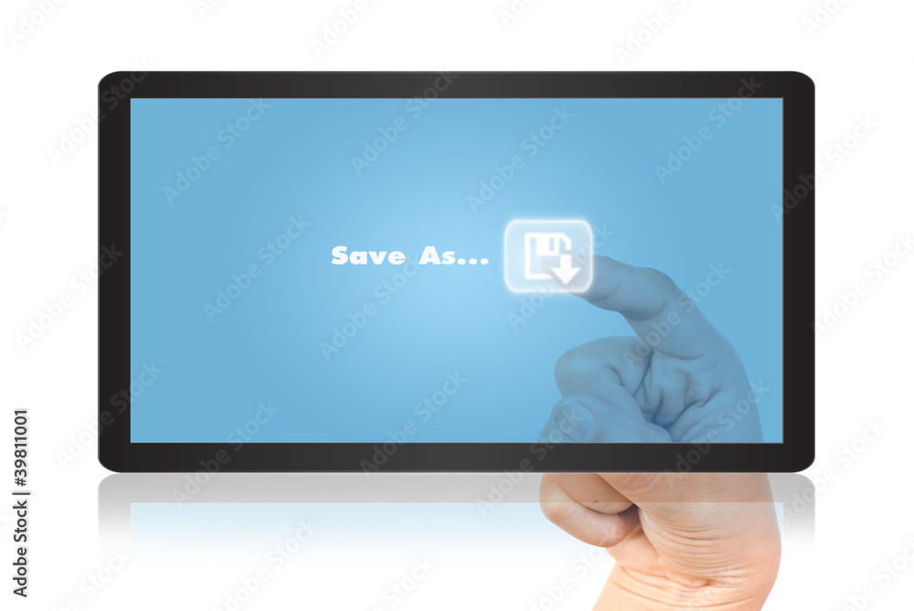 Hand pushing save as word on tablet Hand pushing save as word on tablet