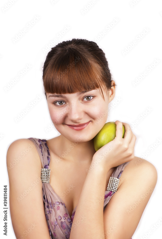 Portrait of young cute woman holding green apple Portrait of young cute woman holding green apple