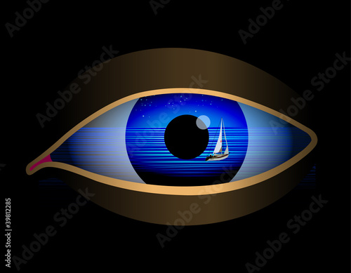 eye of man with reflection of sea