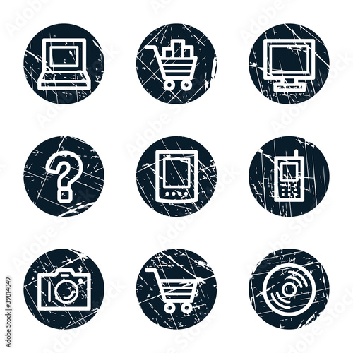 Electronics web icons set 1, grunge circle buttons