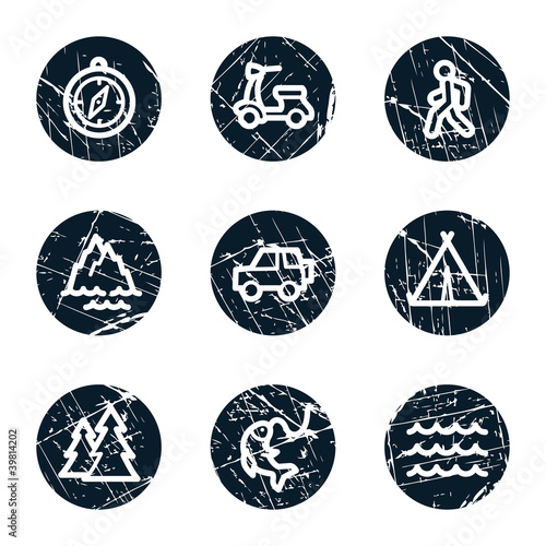 Travel web icons set 3, grunge circle buttons