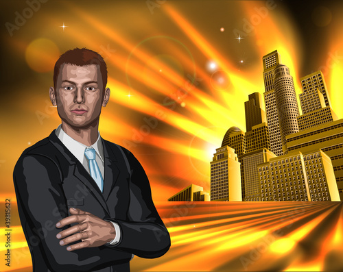 Business man with city background