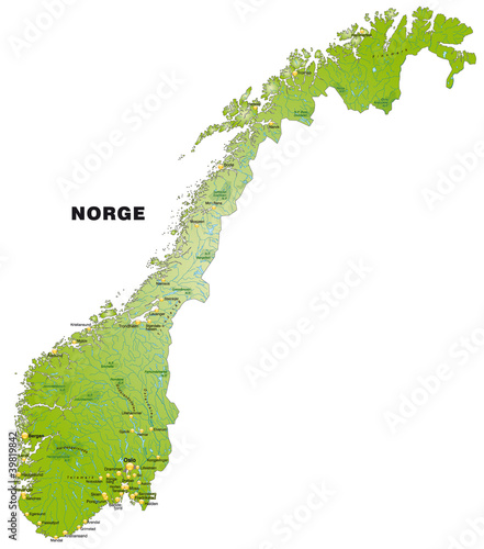 Norwegenkarte mit Gewässernetz und Orten