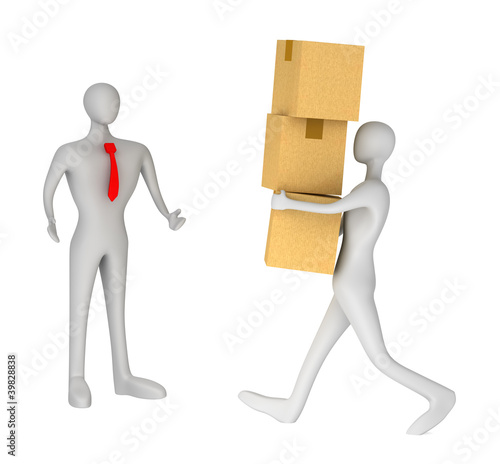 3d man delivering a parcel to another 3d man