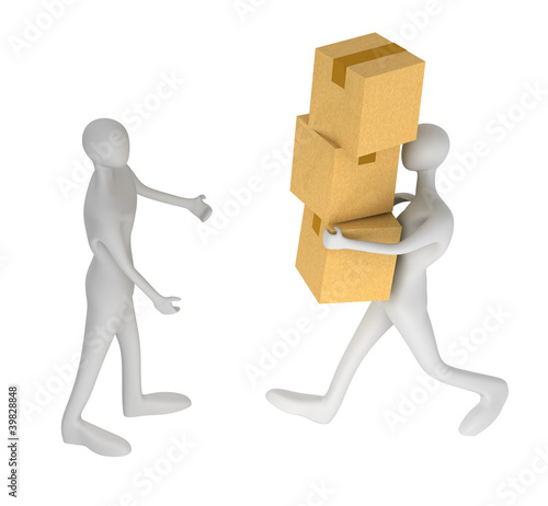 3d man delivering a a parcel to another 3d man