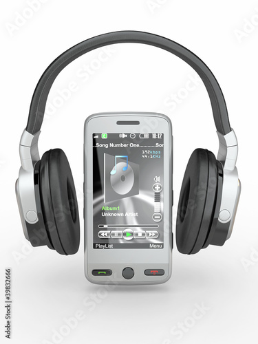 Mobile phone with headphones. 3d