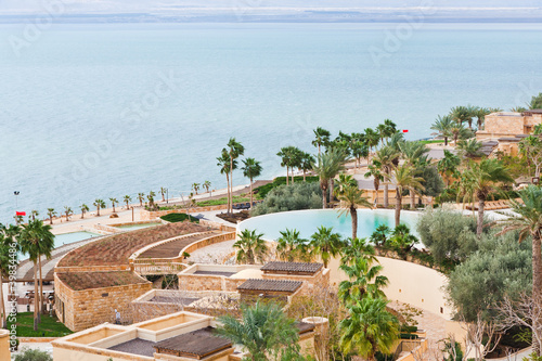 panorama of resort on Dead Sea coast photo