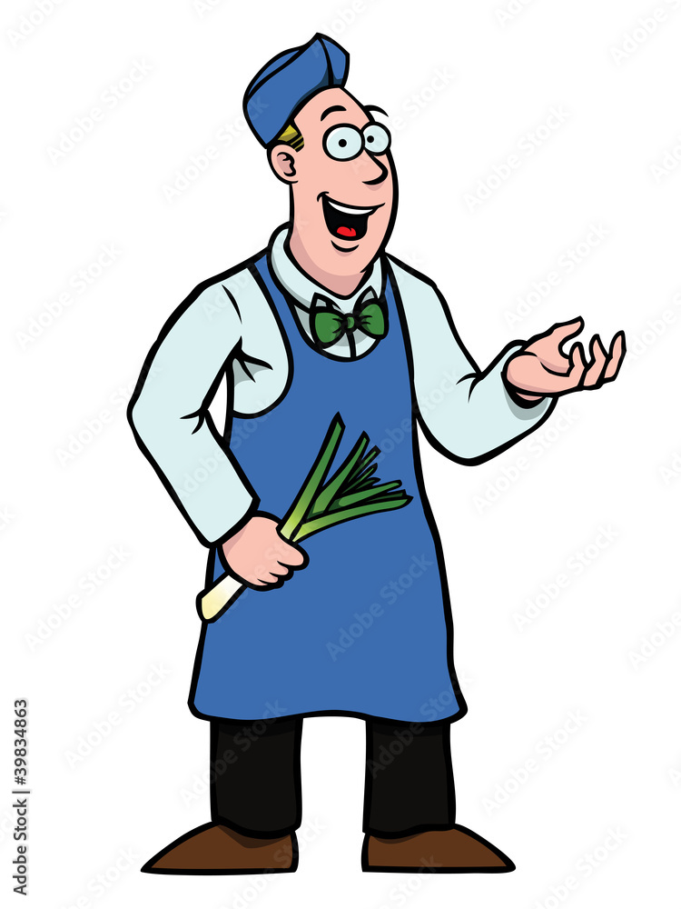 Greengrocer holding a fresh leek showing something