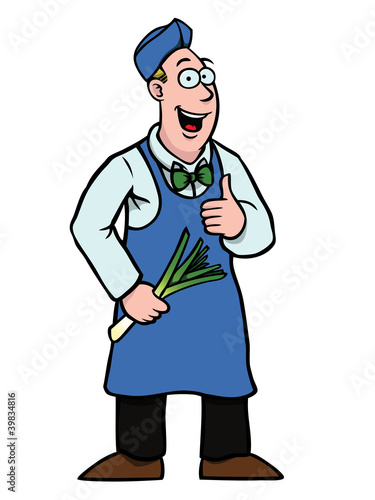 Greengrocer holding a leek and his thumbs up