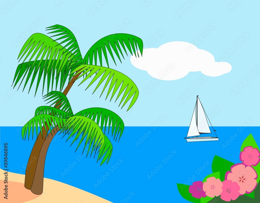 Palm trees , flowers  and a sailboat at sea