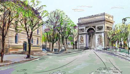 Fototapete Abbildung Paris Gezeichnete Pariser Strasse mit Atmosphäre  © ZoomTeam
