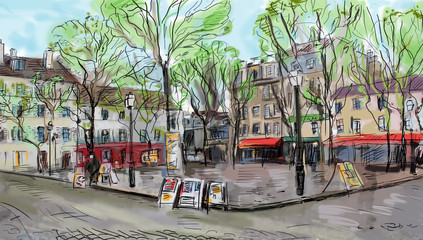 Fototapete Abbildung Paris Charmante Strasse in Paris gezeichnet  © ZoomTeam