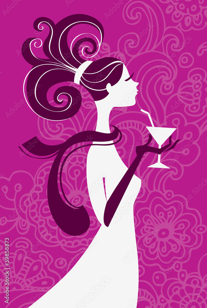 Beautiful woman silhouette with a glass in a hand Beautiful woman silhouette with a glass in a hand