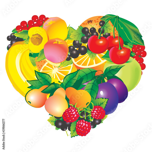 Fruits frame in the shape of heart.