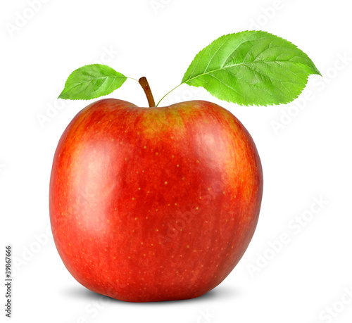 red apple with green leaves isolated on white