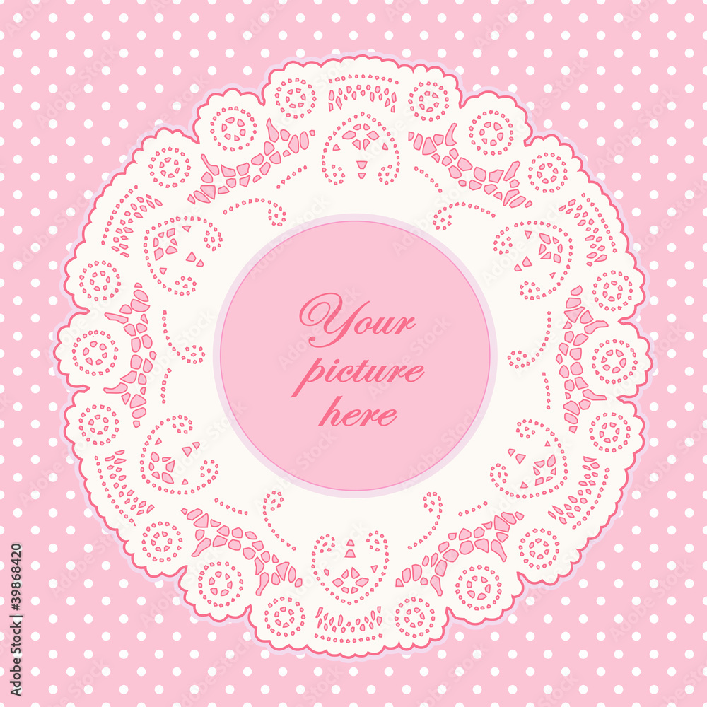 Vintage Lace Doily Frame, Pastel Pink Polka Dot Background