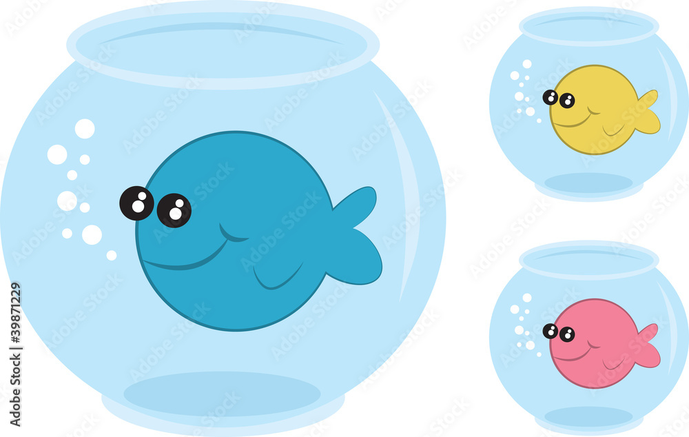 Fish bowls with different colored fish Fish bowls with different colored fish