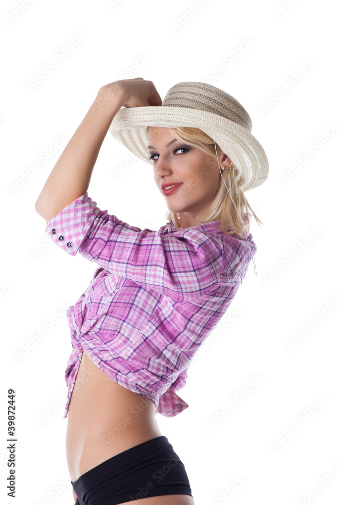 Young blond woman with straw hat isolated