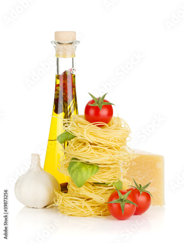 Pasta, tomatoes, basil, olive oil, garlic and parmesan cheese