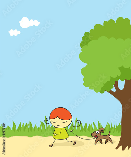 Girl walking dog