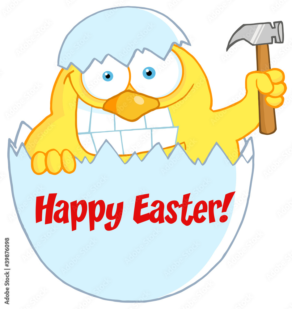 Yellow Chick Peeking Out Of An Egg Shell With Hammer Yellow Chick Peeking Out Of An Egg Shell With Hammer