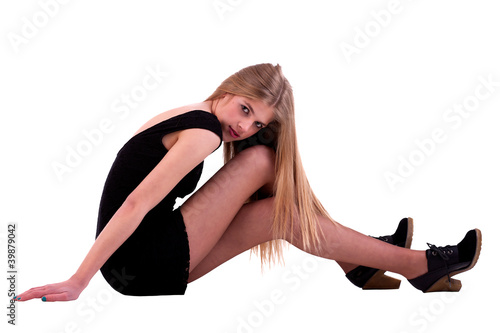 blonde woman on the floor, isolated on white background